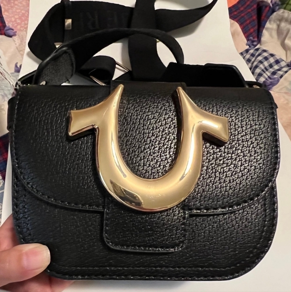 True Religion black mini crossbody bag gold horseshoe logo purse